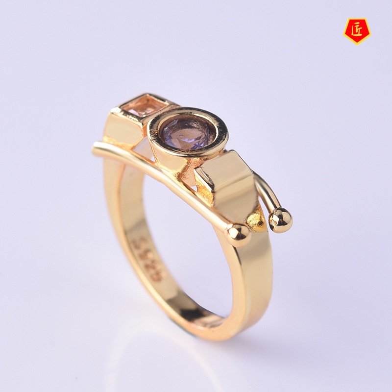 [Ready Stock]Creative Geometric Shaped 18K Gold Diamond-Studded Ring