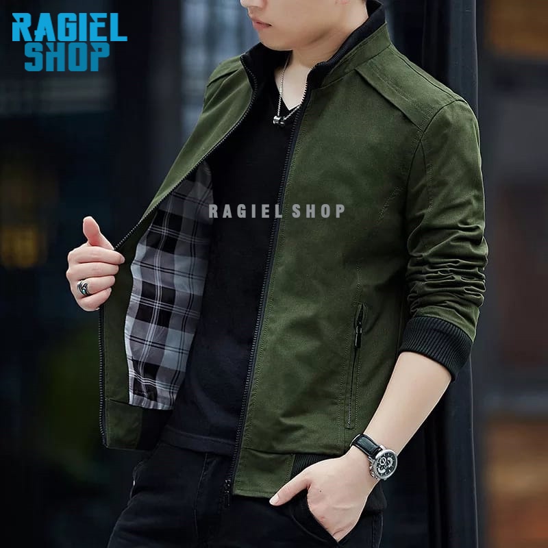 Jaket Casual Dominic Pria Katun Drill Tebal Navy Polos Furing Adem Reguler Skena Rib Karet Lengan Pa