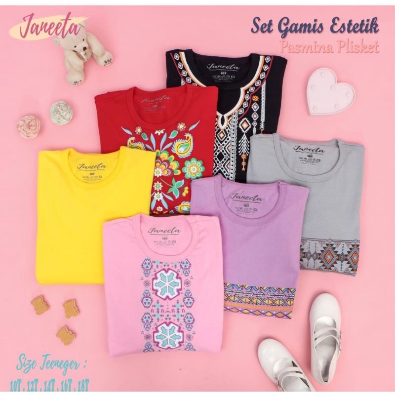 Gamis Anak JANEETA Setelan GAMIS ESTETIC + PASMINA PLISKET CERUTY SIZE TEENAGER Size 10 sd 18T