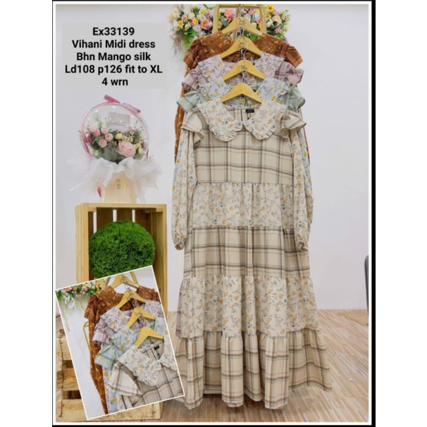 Dress Midi Kombi Kotak Bunga Import Premium By Extu