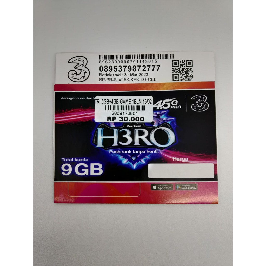 Kartu Perdana TRI 9GB ( 5GB + 4GB ) HERO 1 Bulan