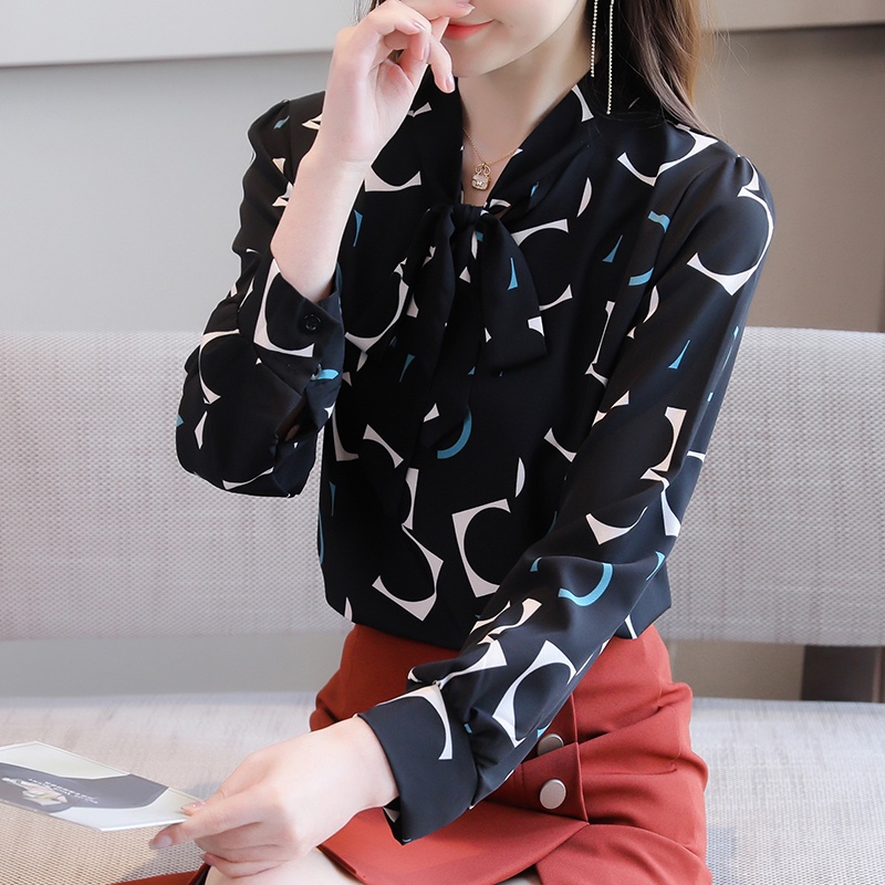 Sifon Merah Muda Hitam Dan Putih Blouse Korean Style Fashion Wanita Atasan Lengan Panjang Blus