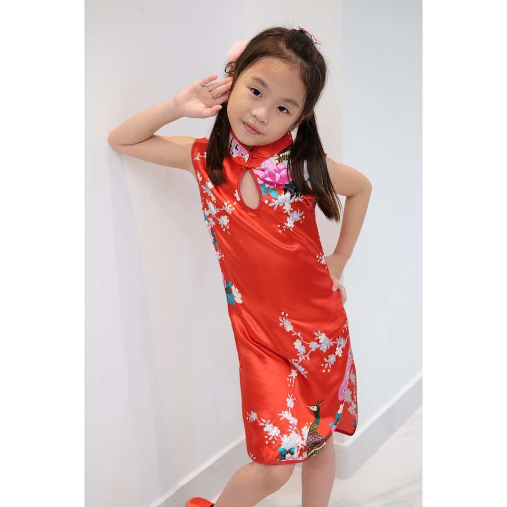 Cheongsam China Anak Perempuan Flower Peacock