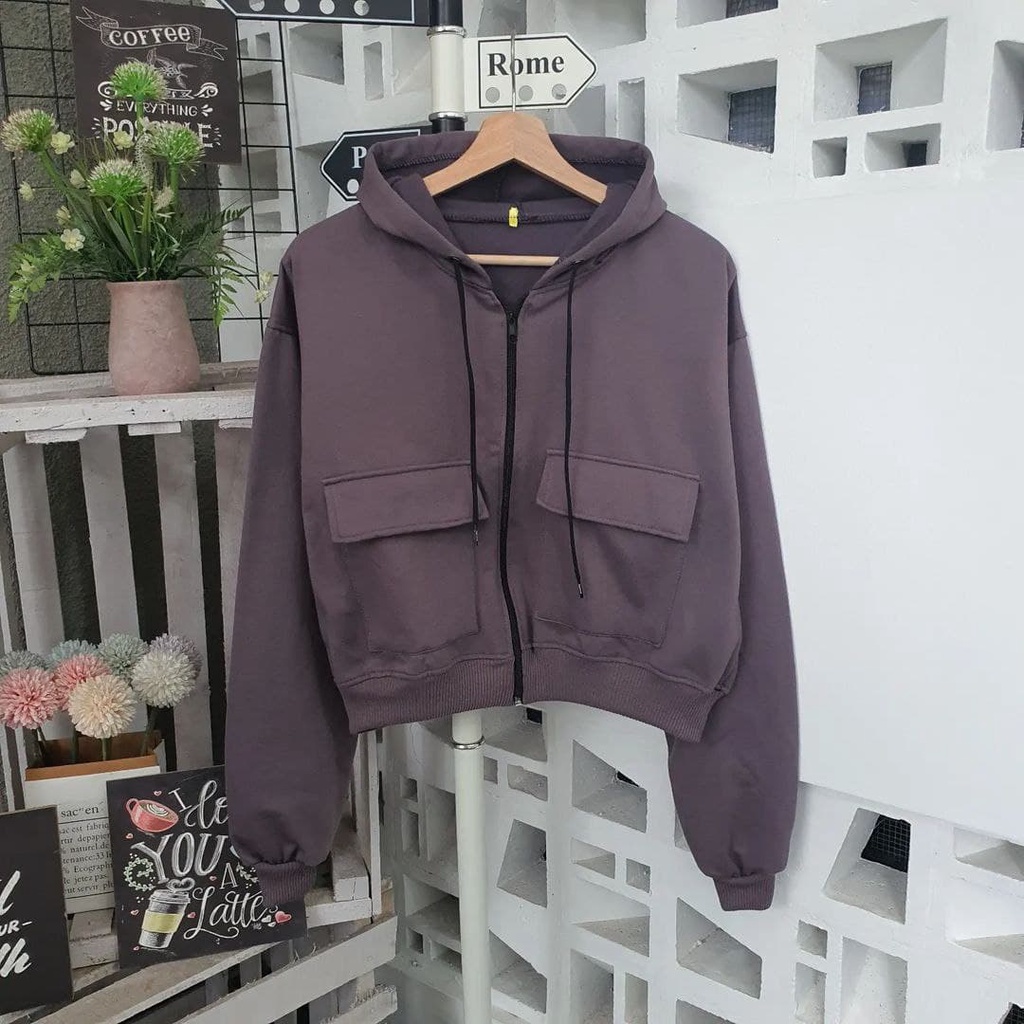 Nara Grosir - Zarra Crop Hodie l Jaket Polos Wanita