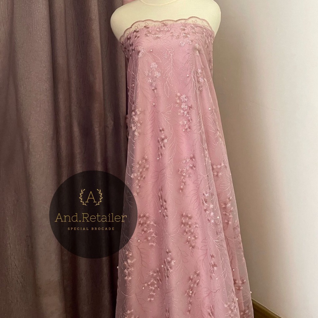 Kain Bahan Kebaya Brokat Tile Mutiara Charlotte warna hijau Rose Gold Semi Lavender