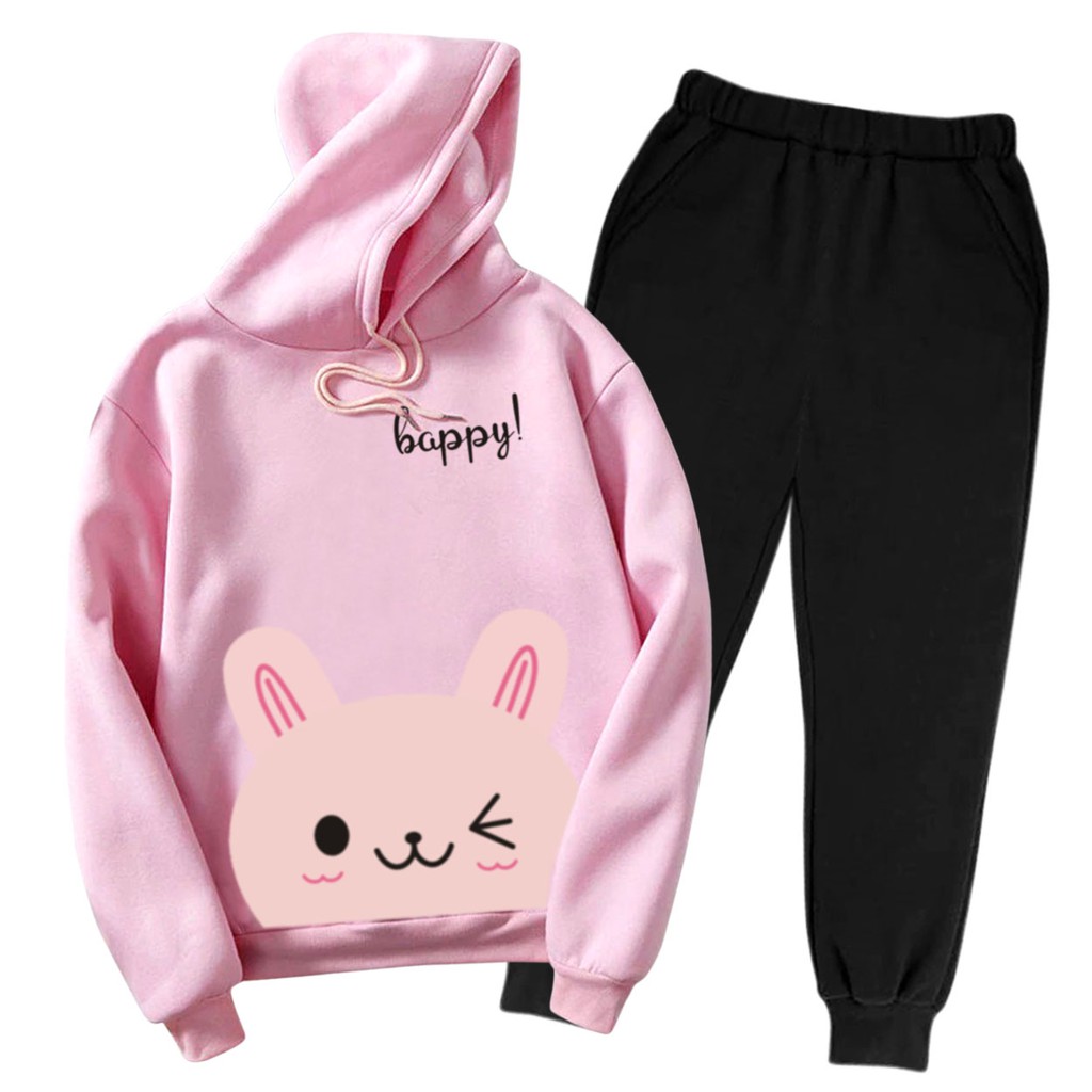 Bess - Setelan Set Jogger Wanita / Setelan Set Hoodie HAPPY CAT