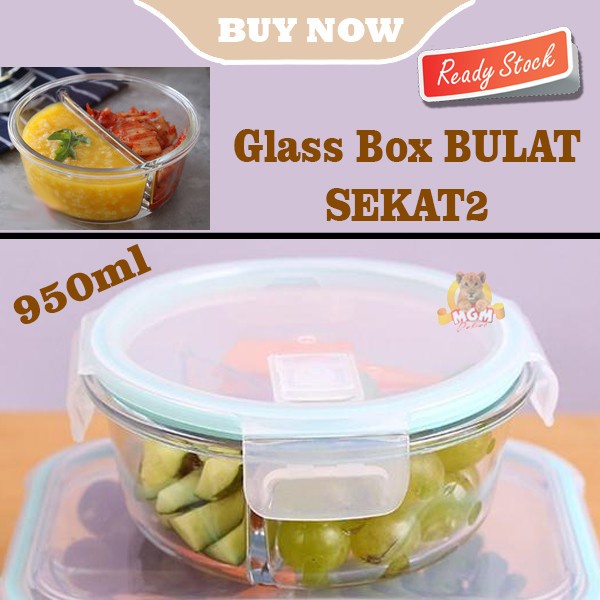 Borosilicate Glass Lock container BULAT 950ml Sekat 2 Tempat makan