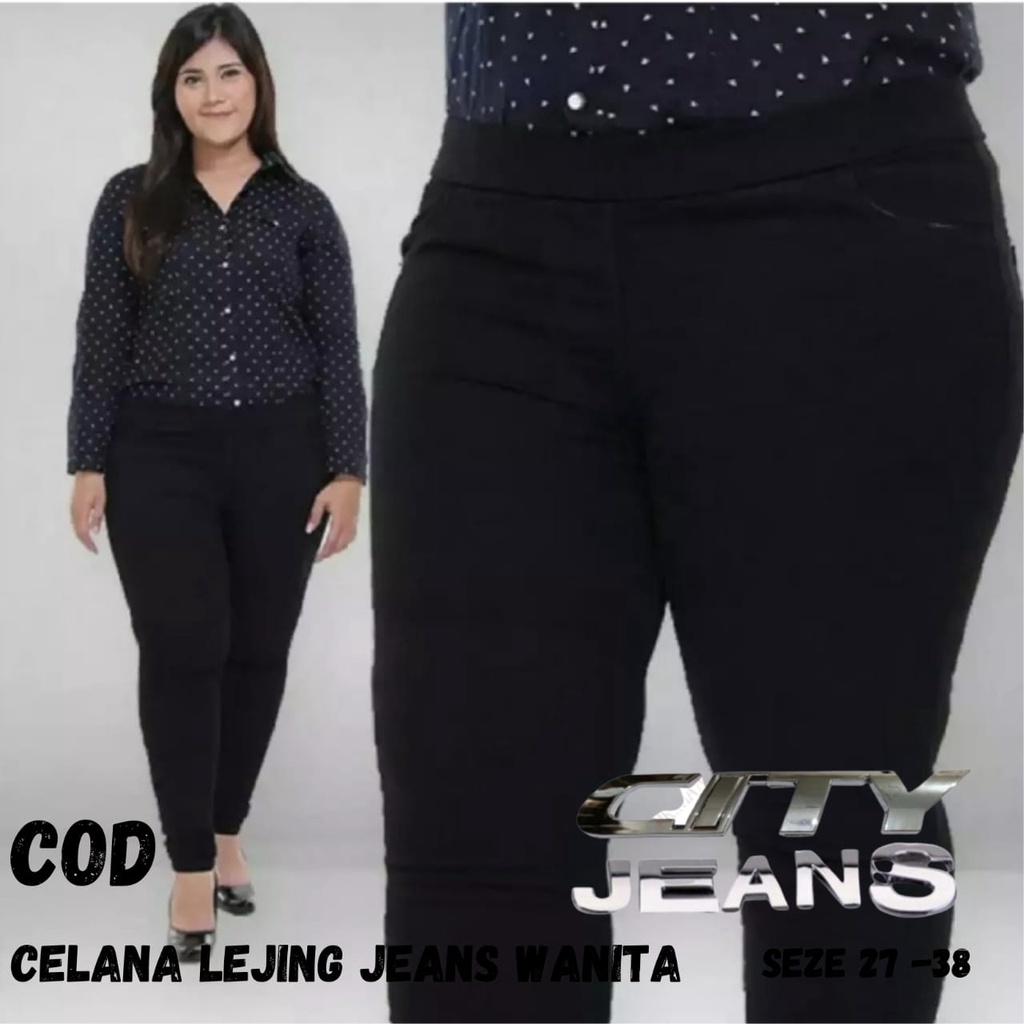 Celana Jeans Wanita Jumbo Murah Pinggang Karet Legging Panjang Cewek Big Size Hitam Jins Terbaru