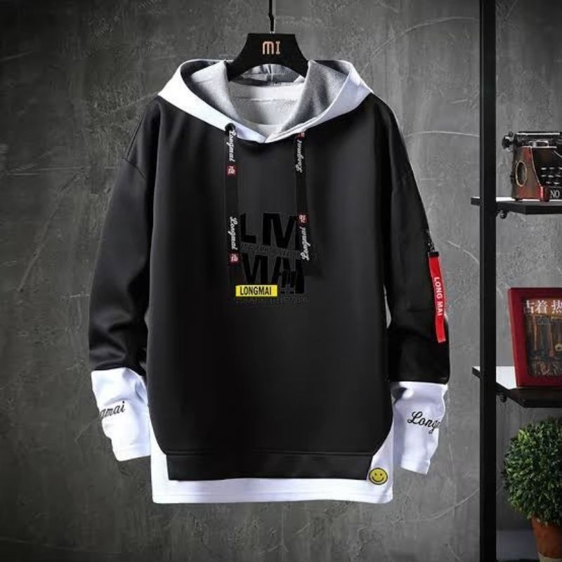 Jaket pria IKC 002 distro cbr six Bandung hoodie dua sisi bolak balik keren grosir pakaian pria H0D7-Rama longmall hitam