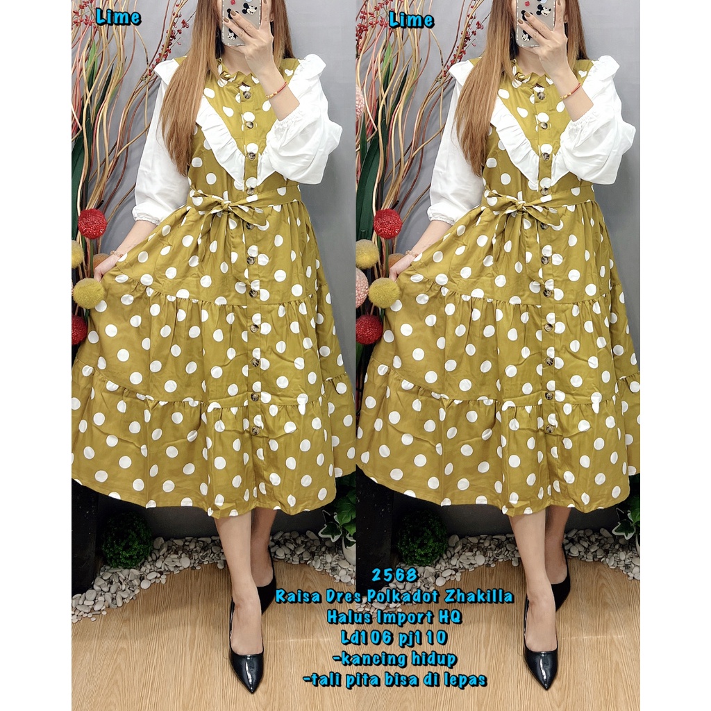 Restock 2568 Raisa Dress Polka Shakila Import HQ | Midi Dres Polkadot Wanita Lengan Panjang | Pakaia