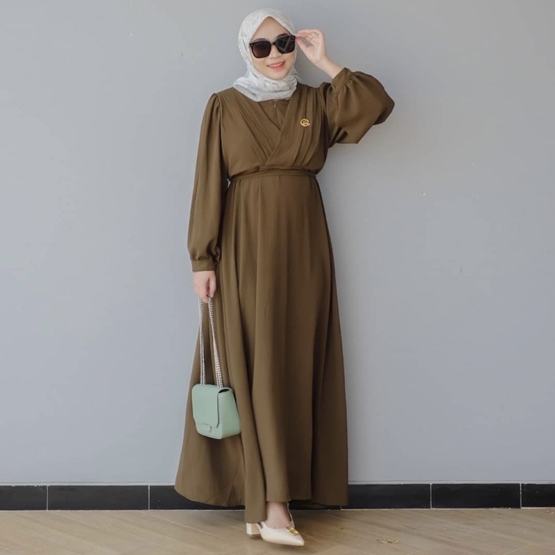 DYN -  Basic Fathia Dress - Gamis Polos Crinkle Busui Friendly-Army