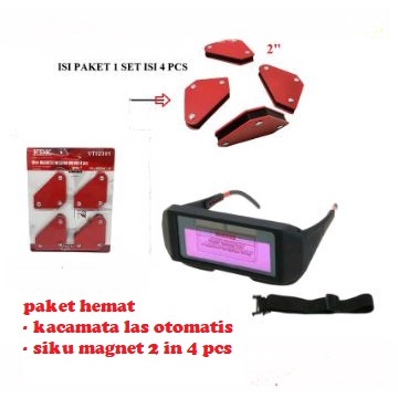 Paket hemat Kacamata Las Listrik Otomatis Auto Darkening SAVETY GLASSES + Siku Magnet Set 4 Pcs Mini Smart Welding Magnet