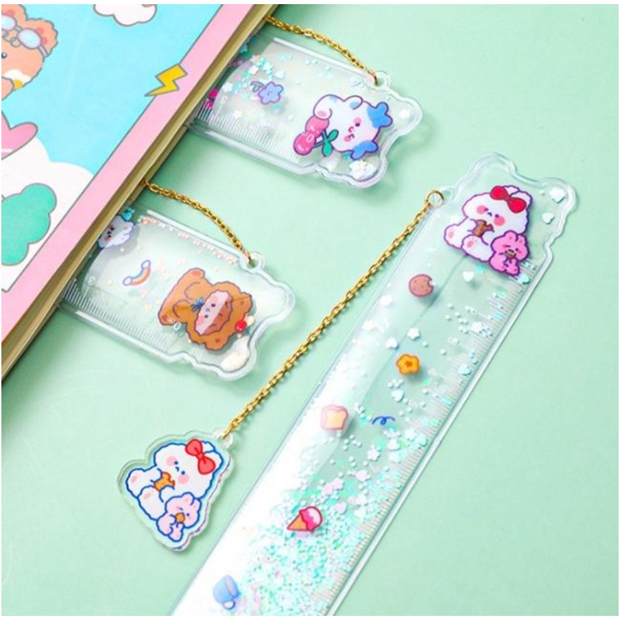 PENGGARIS PLASTIK LENTUR GLITTER RANTAI GANTUNGAN KARAKTER LUCU / PENGGARIS QUICKSAND MOTIF LASER 15 CM / PEMBATAS BUKU LENTUR BLINK BLINK GANTUNGAN LUCU / CUTE RULER BOOKMARK