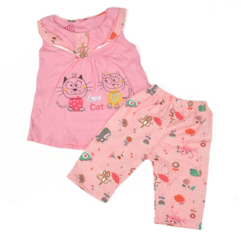 Setelan baju anak perempuan 1 tahun motif love cat (sr.146) free tas warna orange fanta pink