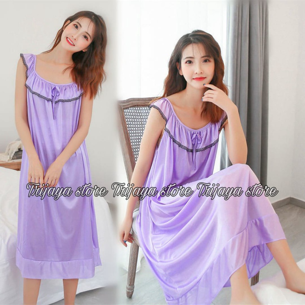 Trijaya . daster jumbo satin brukat list hitam pita / dress baju tidur wanita bahan satin import