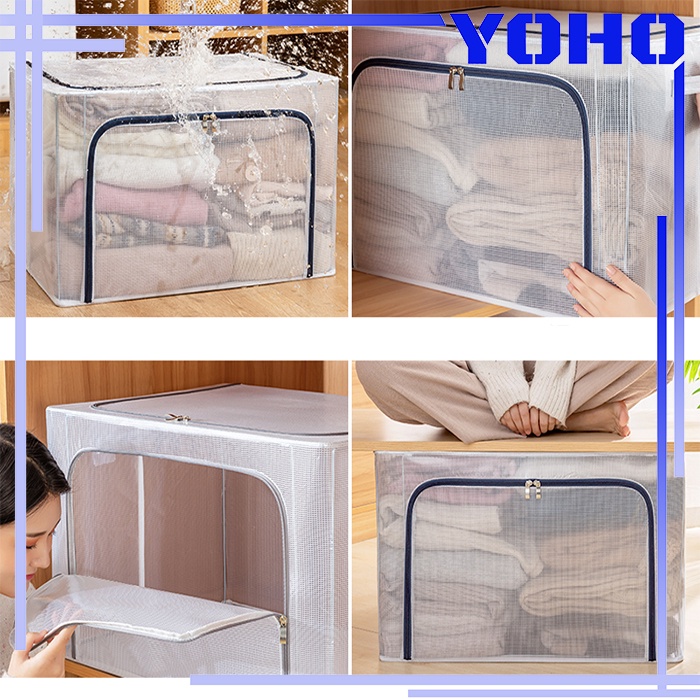 Multifungsi Storage Box Transparan Foldable Frame Baja Kotak Baju-66L