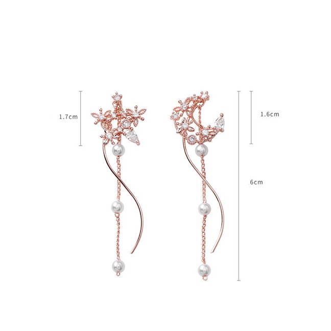 LRC Anting Tusuk Fashion Rose Gold 925 Silver Studs With Zircon Star Moon Tassel Earrings D20856