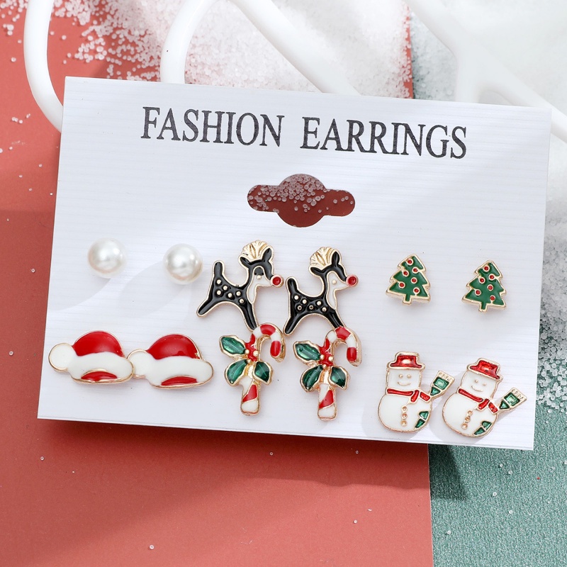 6 Pasang Anting Stud Desain Pohon Natal Rusa Snowman Santa Untuk Aksesoris Anak Perempuan