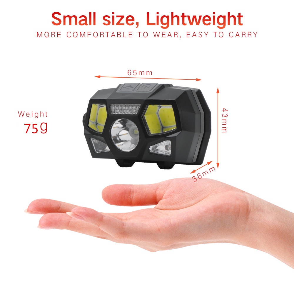 senter kepala LED/Headlamp Flashlight Rechargeable USB + Motion Sensor XPE+COB 10000 Lumens-Black/senter