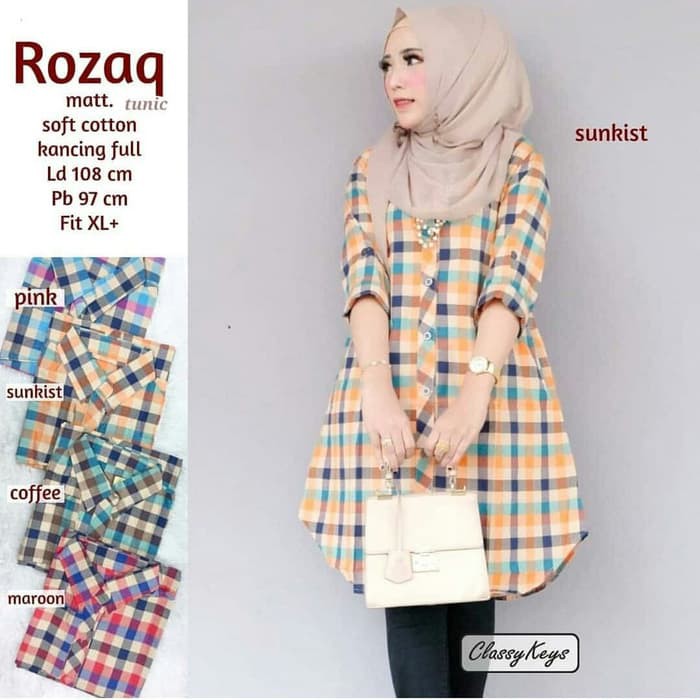 Blus Wanita Casual Lengan Panjang Model O-Neck Longgar Versi Kore PI637 Tunik Kotak Rozaq