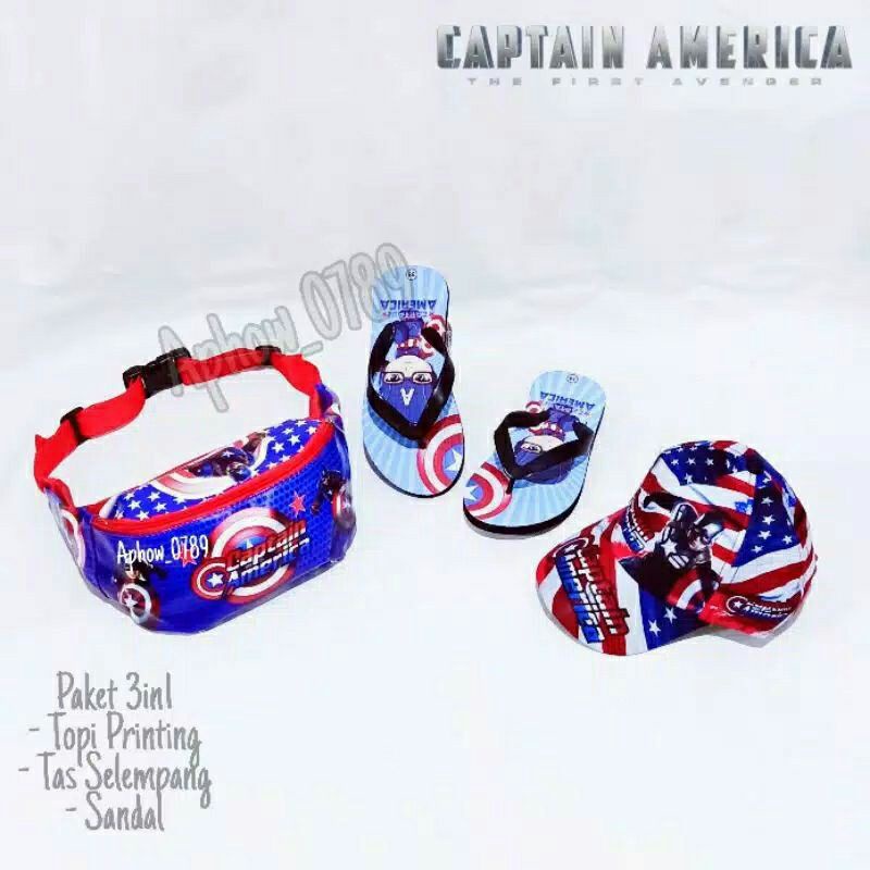 COD 3IN1 paket hemat tas selempang anak topi anak dan sendal anak anak laki laki motif avenger waistbag anak laki laki