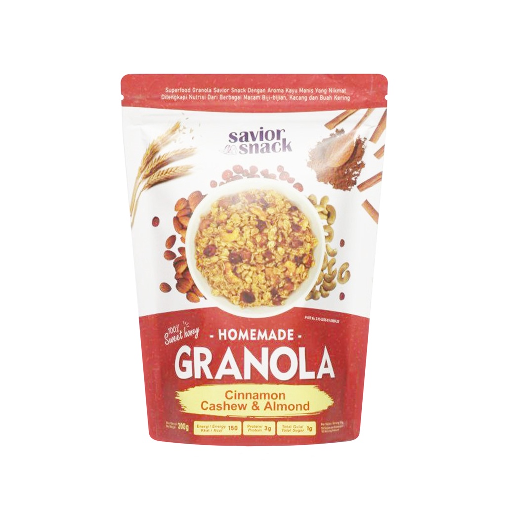 GRANOLA CRUNCHY CINNAMON CASHEW ALMOND - SEREAL MAKANAN SEHAT SARAPAN PRAKTIS BERGIZI TINGGI NUTRISI BAHAN ORGANIK ALAMI TANPA PENGAWET - HIGH QUALITY - SAVIOR SNACK - GRANOLA SWEET HONEY 300g