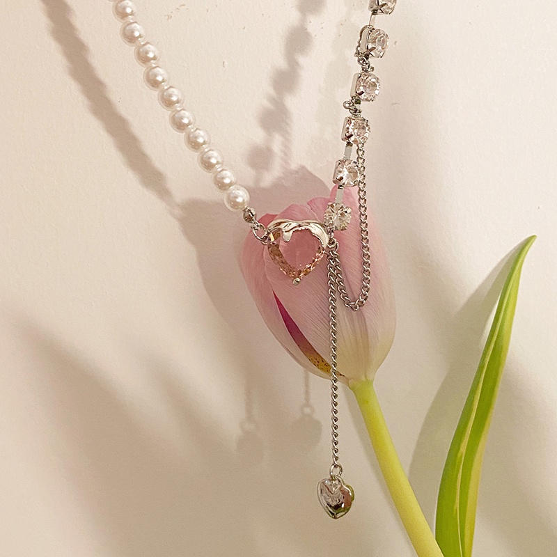 Love Pink Crystal Pendant Necklace Accessories Pearl Stitching Clavicle Chain Harajuku Korean Version