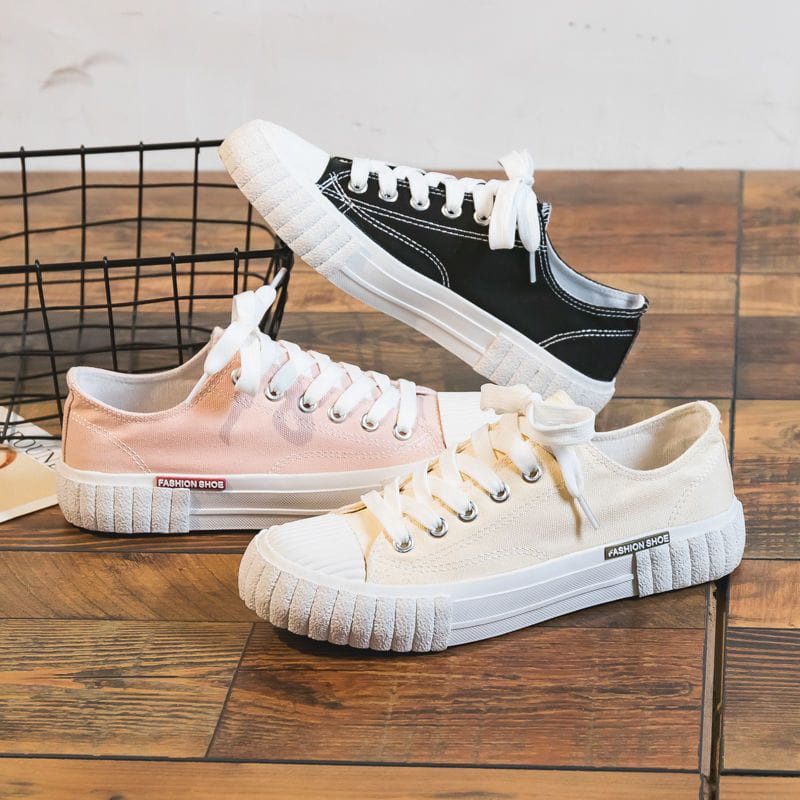 IDEALIFESHOES SEPATU KANVAS WARNA PINK DAN CREAM WANITA KOREA STYLE SEPATU SNEAKERS WANITA SPORT SHOES CREAM KEKINIAN 2022 TERBARU IMPORT FASHION SHOES