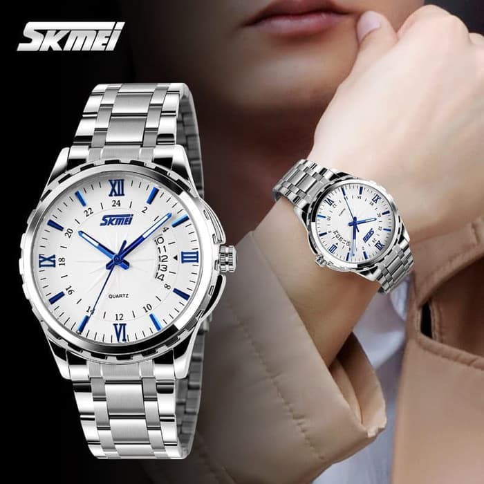 Jam Tangan Cowok /  Jam Tangan Pria Analog Rantai Original SKMEI 9069 Anti Air 30M - Biru Terbaru