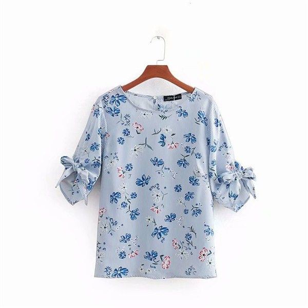 26360 SALE Atasan Biru Wanita Motif Bunga Blue Flower Knot Blouse