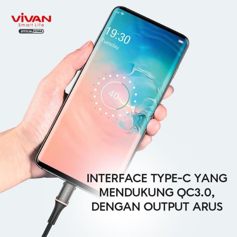 ORIGINAL VIVAN KABEL DATA USB TYPE C QUICK CHARGE 3A 100cm COLOUR LED LIGHT DATA CABLE ANDROID V-DC