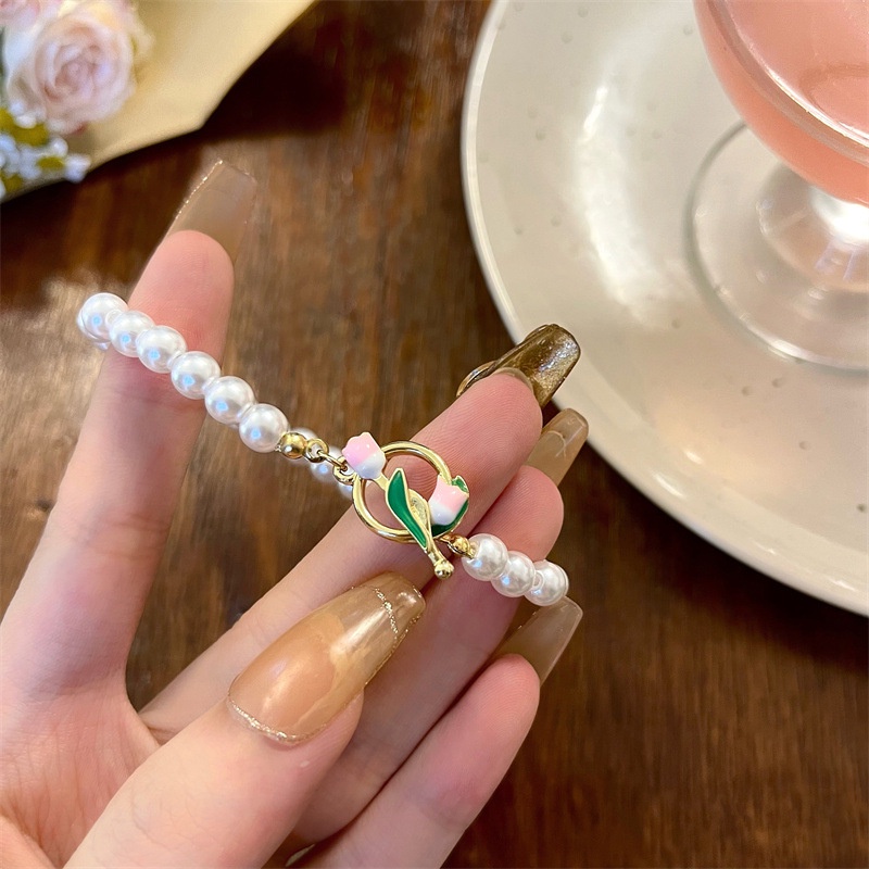 Gelang Mutiara Desain Bunga Tulip Pink Untuk Musim Panas