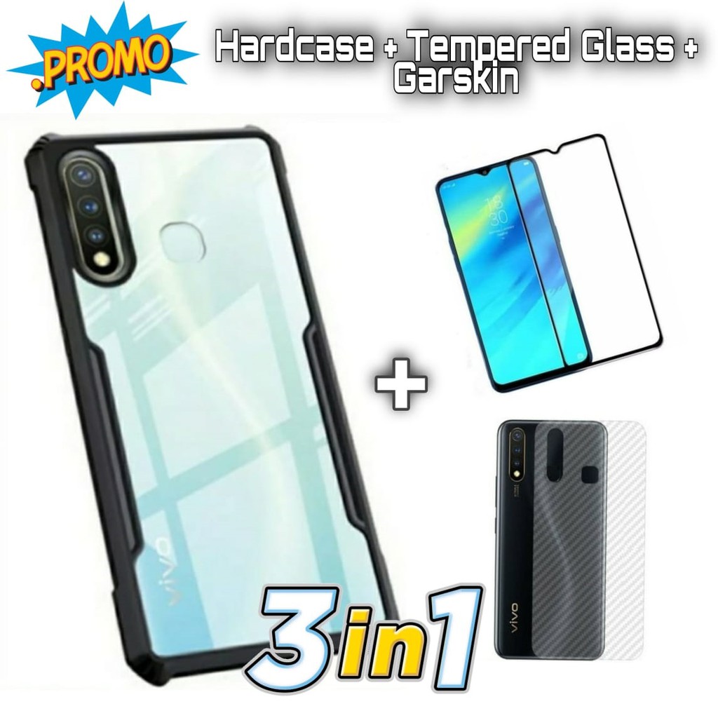 Hard Case Paket Hemat Combo  3in1 Vivo Y19 Case Fusion Shockproof Fusion Free Tempered Glass Layar Dan Skin Carbon