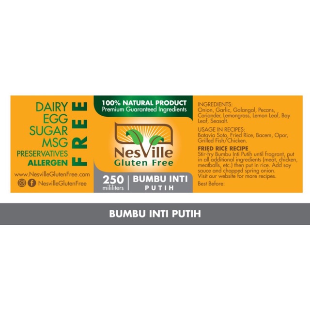 

BUMBU INTI PUTIH NESVILLE GLUTEN FREE DIET FOOD SEHAT HALAL NON MSG SUGAR EGG DIARYFREE/ AUTIS FOOD