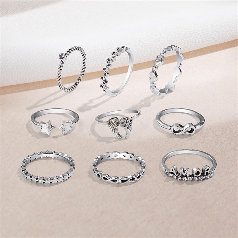 9 Pcs / Set Cincin Desain Sayap Malaikat Bintang Hati Tulisan AMOR 8 Untuk Aksesoris Perhiasan Wanita