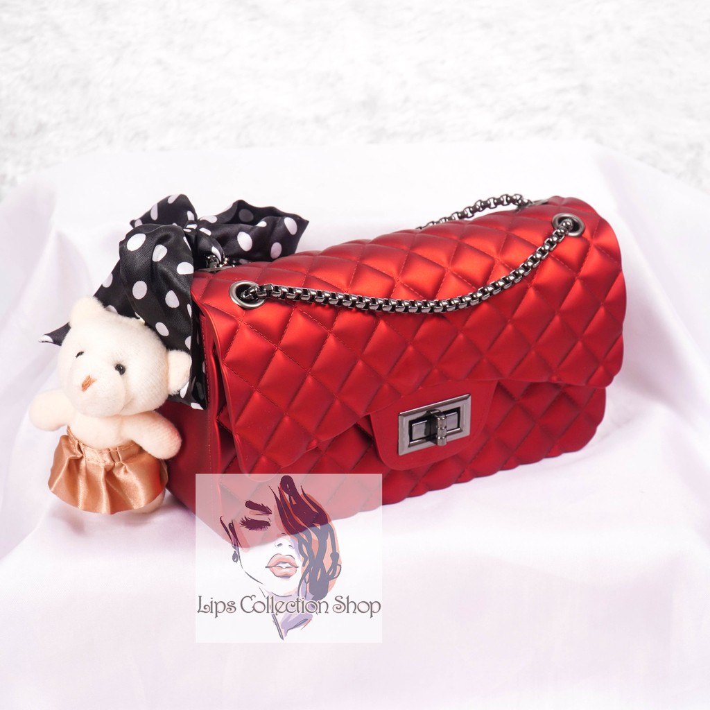 Tas Jelly Matte Maxi Kotak Uk 22 Cm Rantai Hitam (Gratis Boneka &amp; Syal)