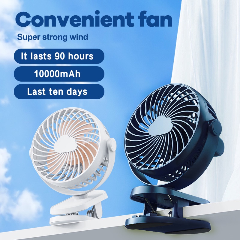 Portable Fan 10000mAh Mini Fan Kipas Handheld Clip Base Fan 3 Speed Strong Wind Desk Fan