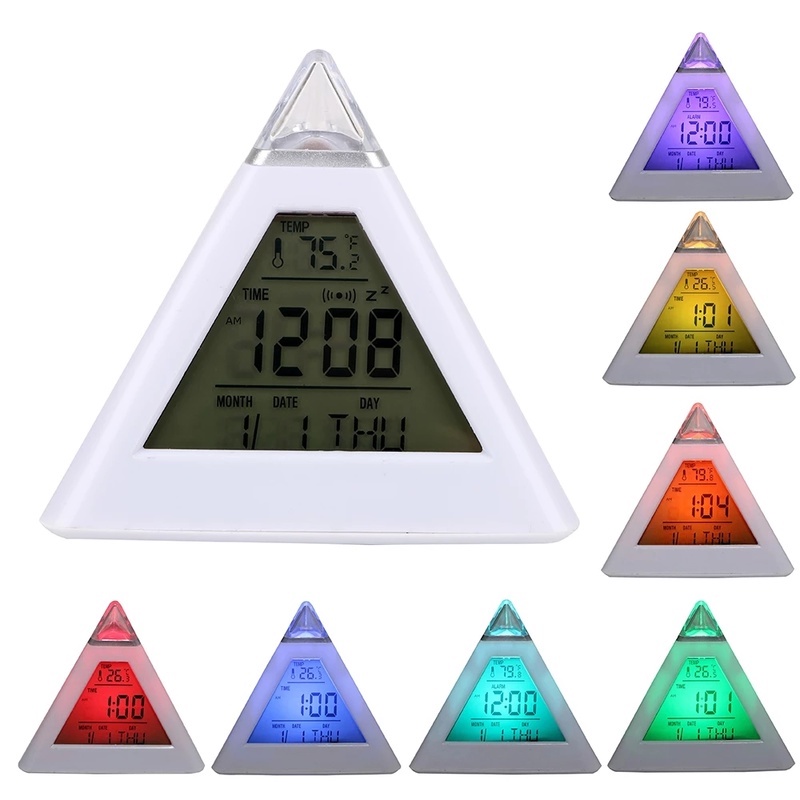 [7 LED Color Change Battery Operated Digital Alarm Clock With Night Light, Dimmer, Sleep Timer] [Electric Triangle Pyramid Clocks for Bedroom, Bedside, Desk, Table]