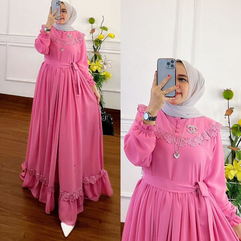 Gamis Terbaru 2022 Ceruty Babydoll Aksen Renda Baju Kondangan Wanita Gamis Pesta Mewah Elegan Long Dress Muslim Naraya Dress