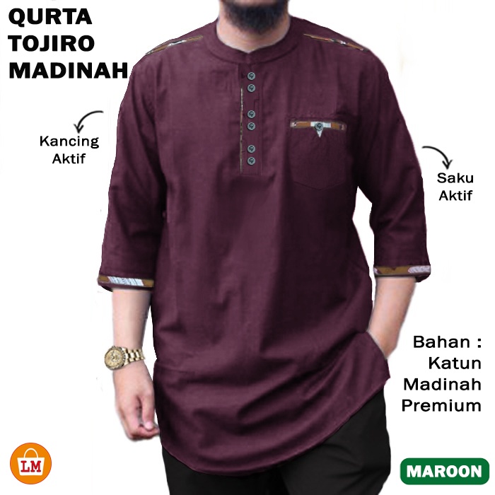 LOBBY MODE Baju Koko Pria Muslim QURTA TOJIRO bahan Toyobo Premium 23151 23153 23155 23157-Maroon Madinah