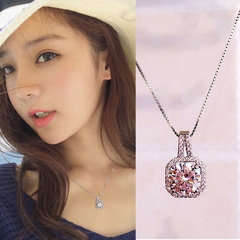 Shuling Kalung Rantai Liontin Persegi Aksen Zircon Warna Silver Untuk Wanita