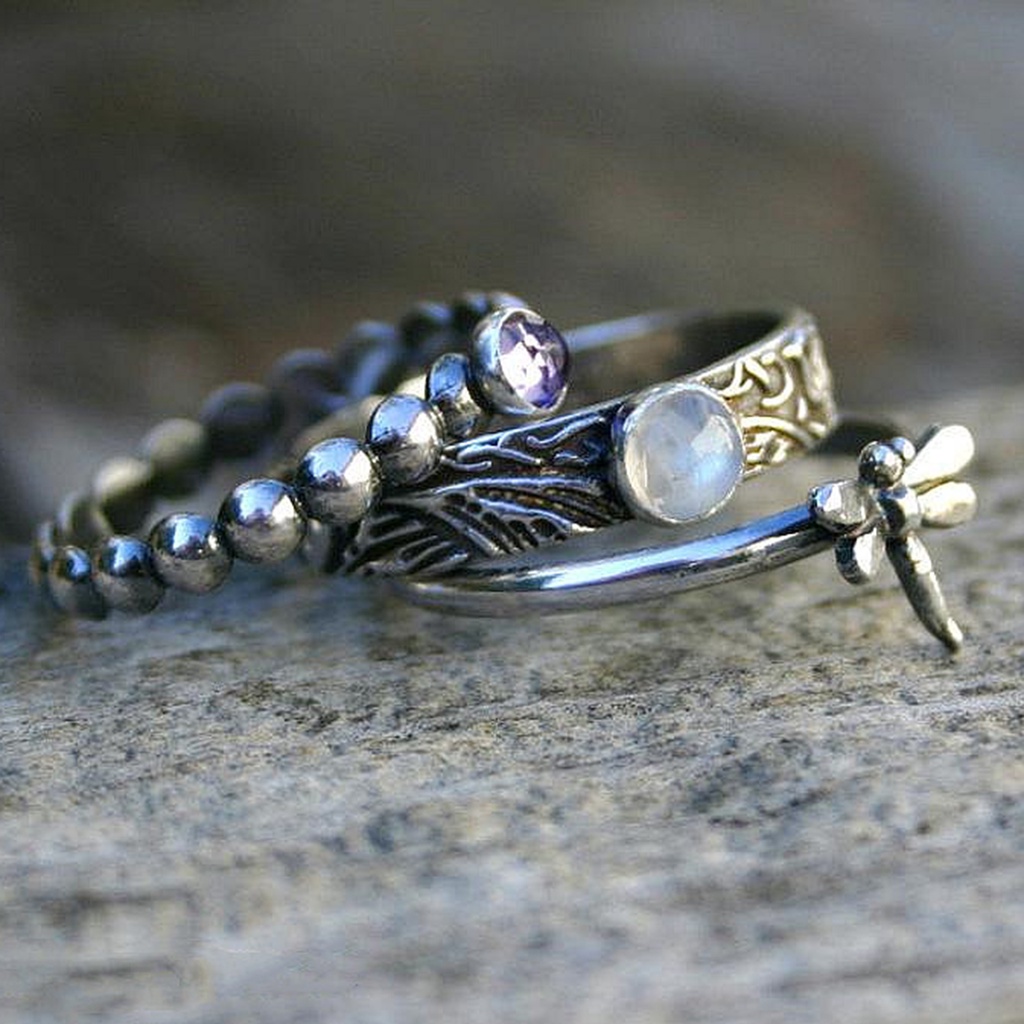 Hu Hu Hu Hu Hu Alat Bantu Pasang Kacamata♡ 3pcs / Set Cincin Silver Wanita Bentuk Capung Hias Batu Permata Imitasi Oval Mini Stackable Untuk Hadiah