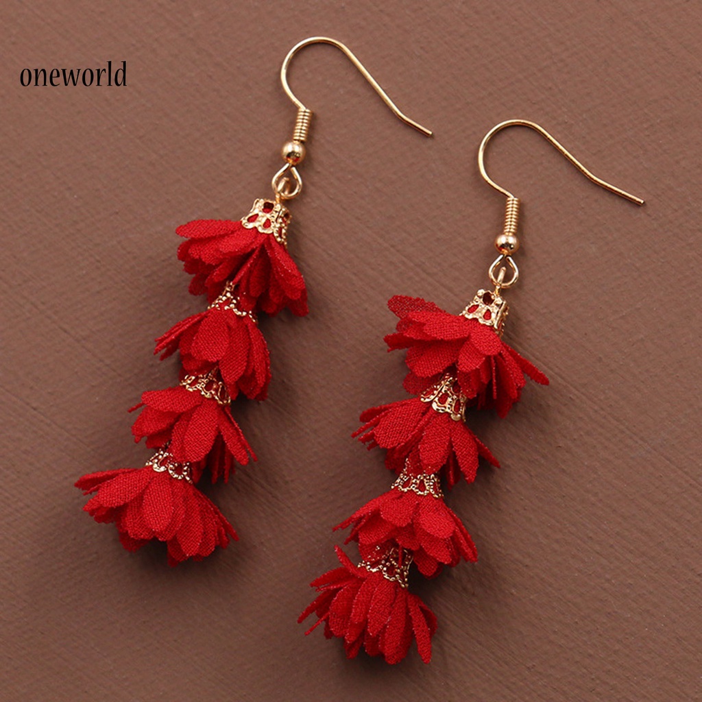 oneworld Skin-friendly Drop Earrings Fabric Flower Long Boho Earrings Fresh Jewelry Gift