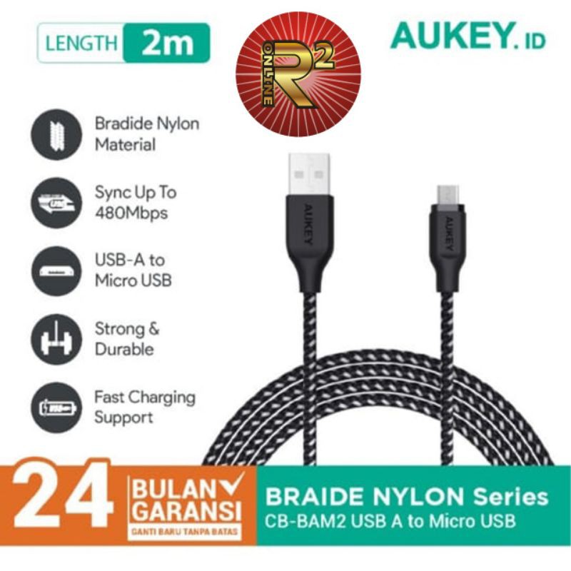 Kabel Charger Micro USB Aukey CB-BAM2 2m Braided Nylon USB 2.0 Original