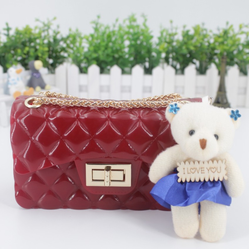 OSM - J106 Free Boneka Jelly Bag Glossy Rantai Gold Jelly Bag Mini Tas Wanita Tas Impor Batam