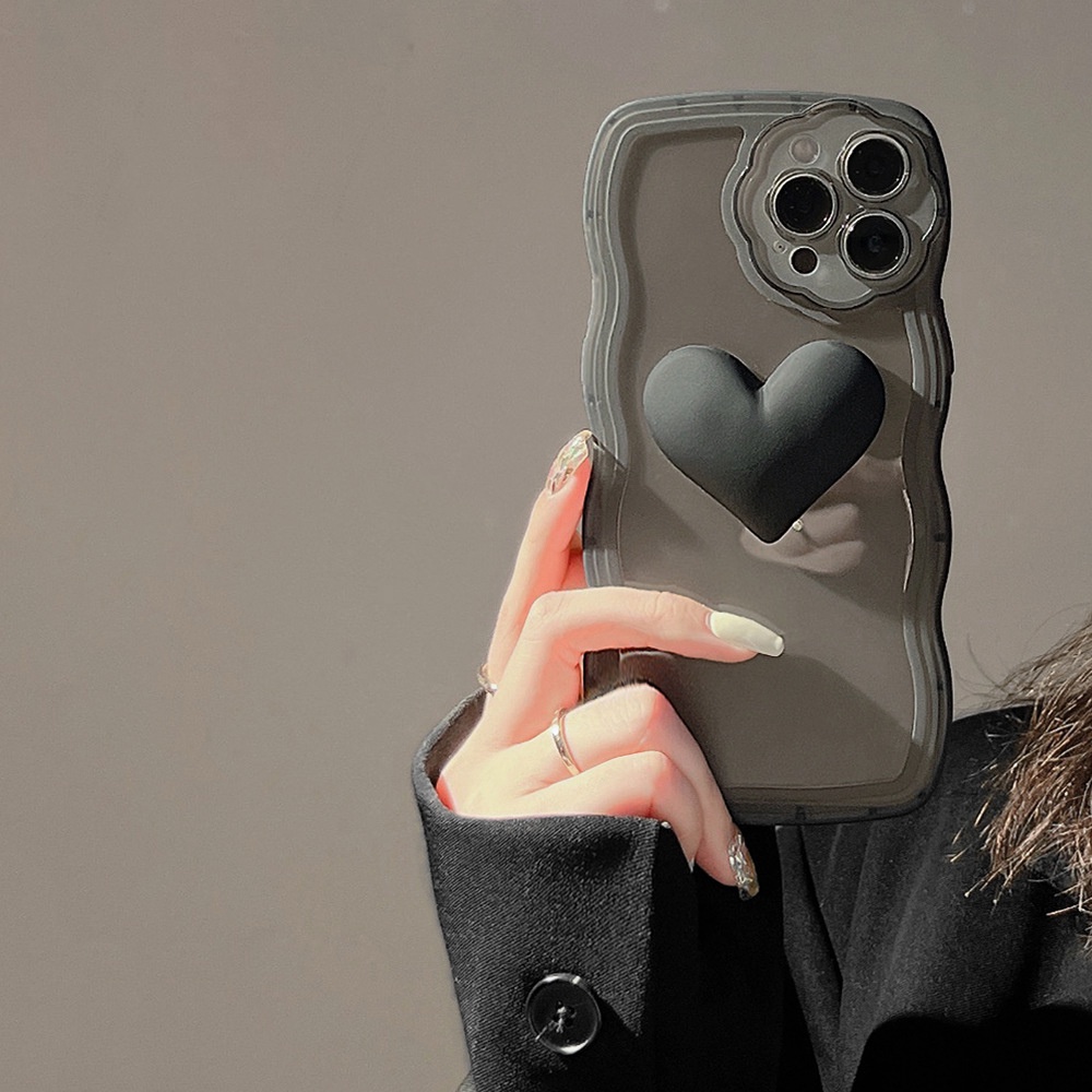 IPHONE Casing 3D Love Hitam Transparan Dengan Rantai Untuk Iphone14 11 8 7 Plus SE2 XS XR 12 13 PRO MAX Casing Cover Pelindung At001