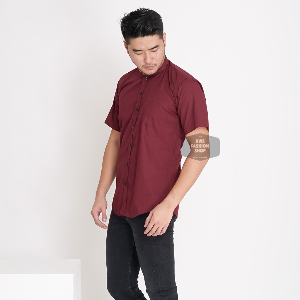 Kemeja Pria Lengan Pendek Polos Kerah Shanghai Koko Merah Maroon Cowok Casual Slimfit 3351