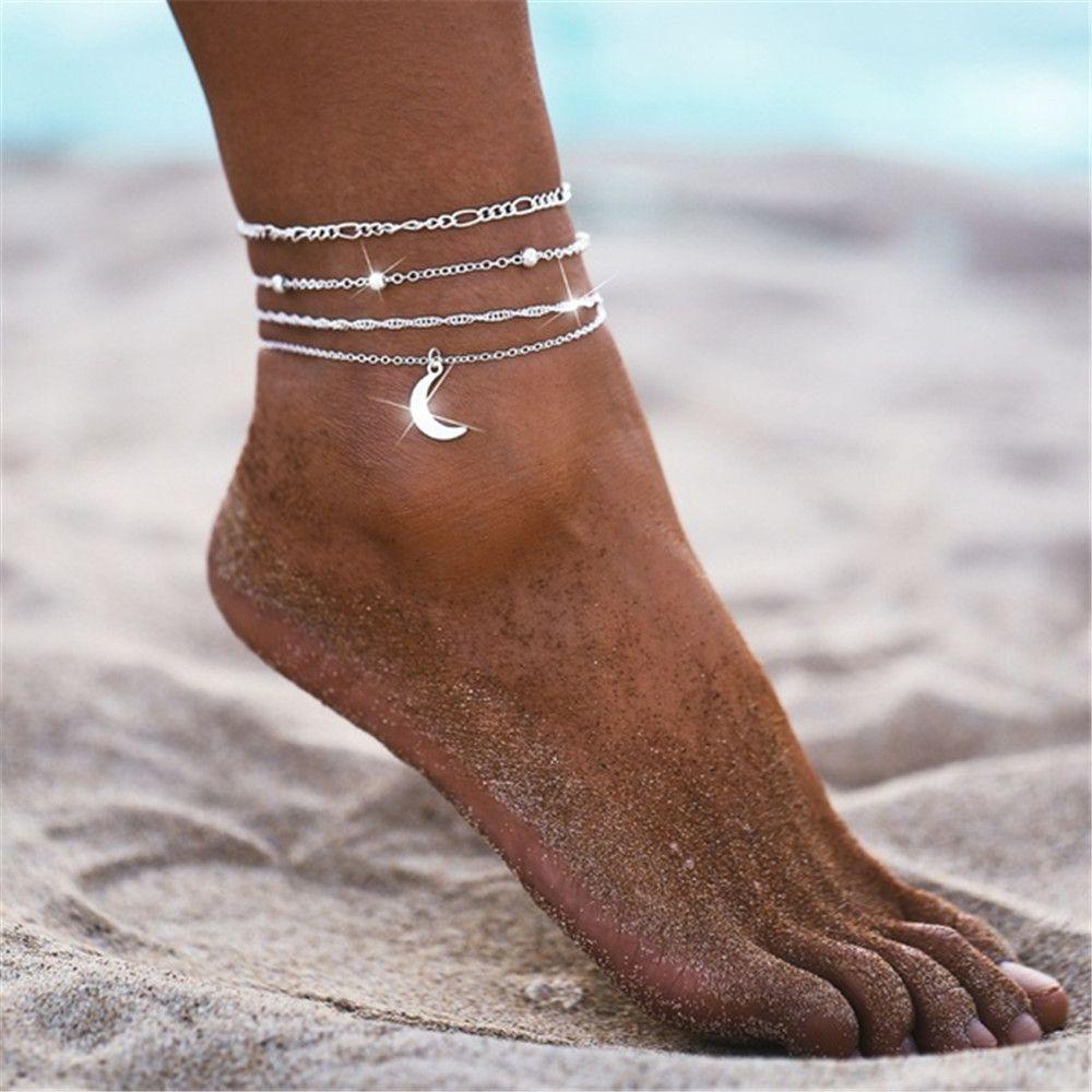 R-flower 4PCS/Set Bulan Gelang Kaki Fashion Musim Panas Pantai Warna Perak Barefoot Anklet