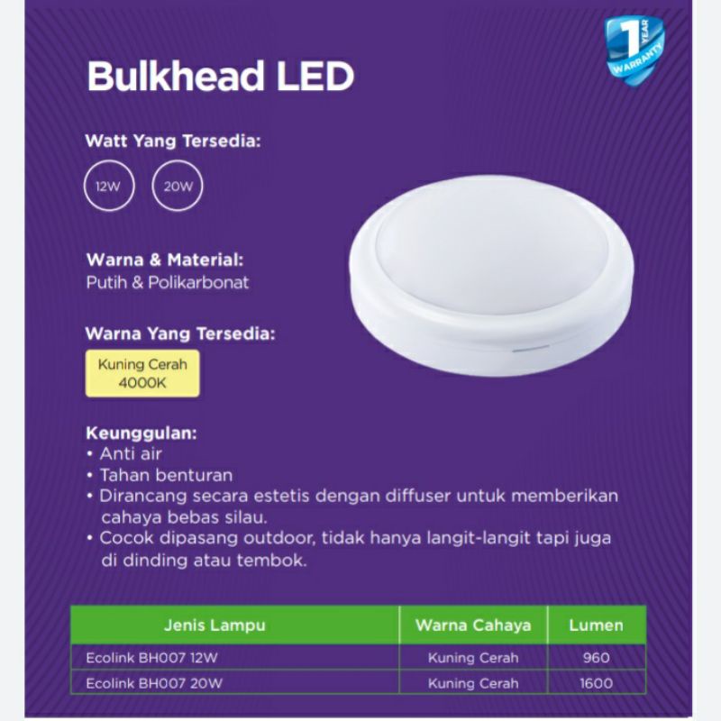 PROMO Lampu Ecolink Bulkhead LED 20 Watt 865 Putih