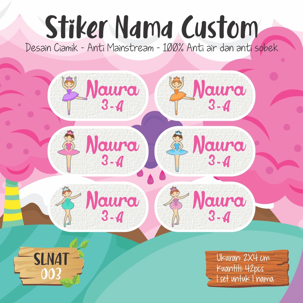 

sticker label nama anak kartun cute lucu princess balet hewan SLNAT 003